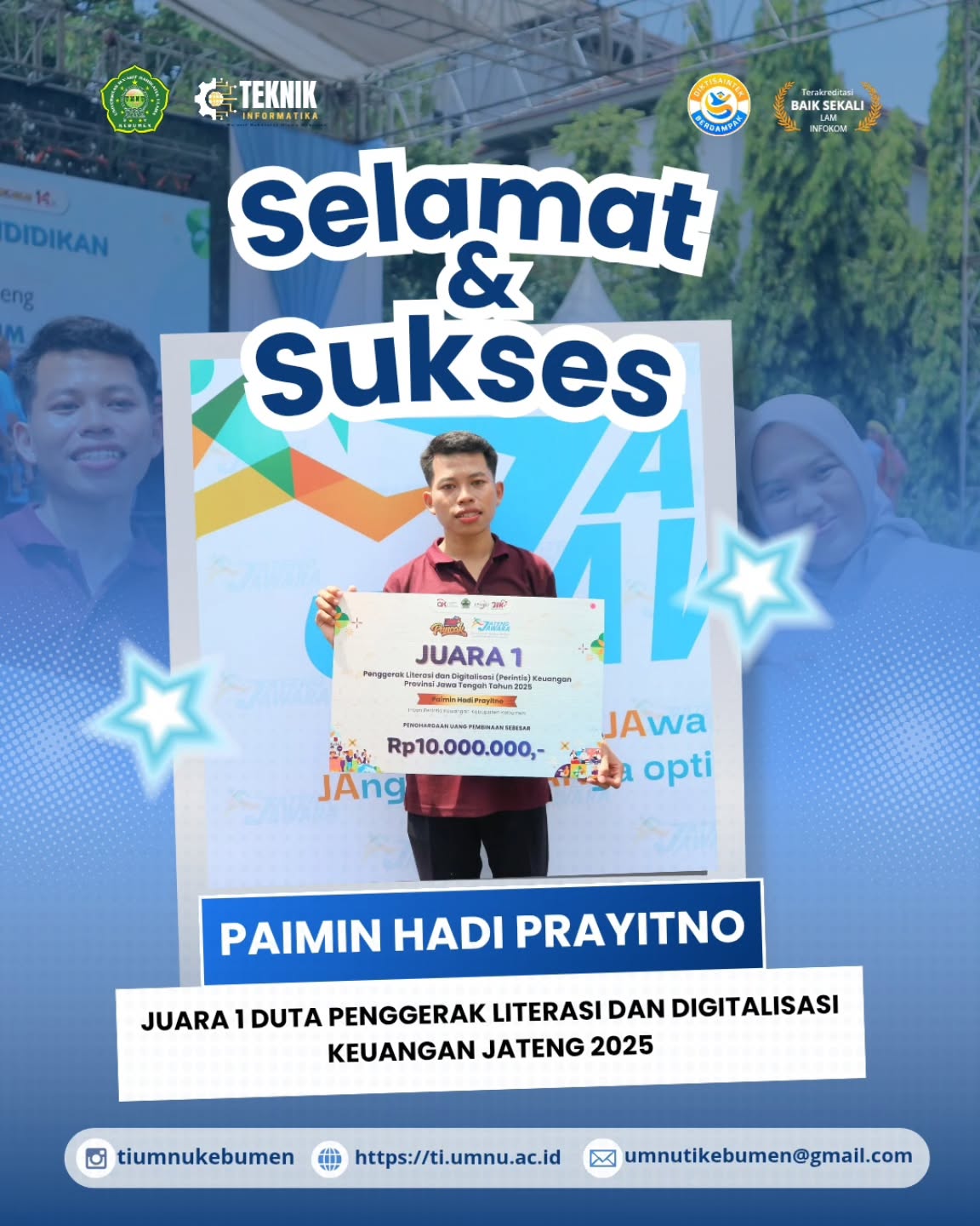 Harumkan Nama Kampus di Tingkat Jawa Tengah, Mahasiswa Teknik Informatika UMNU Kebumen Raih Juara 1 Duta Literasi dan Digitalisasi Keuangan 2025