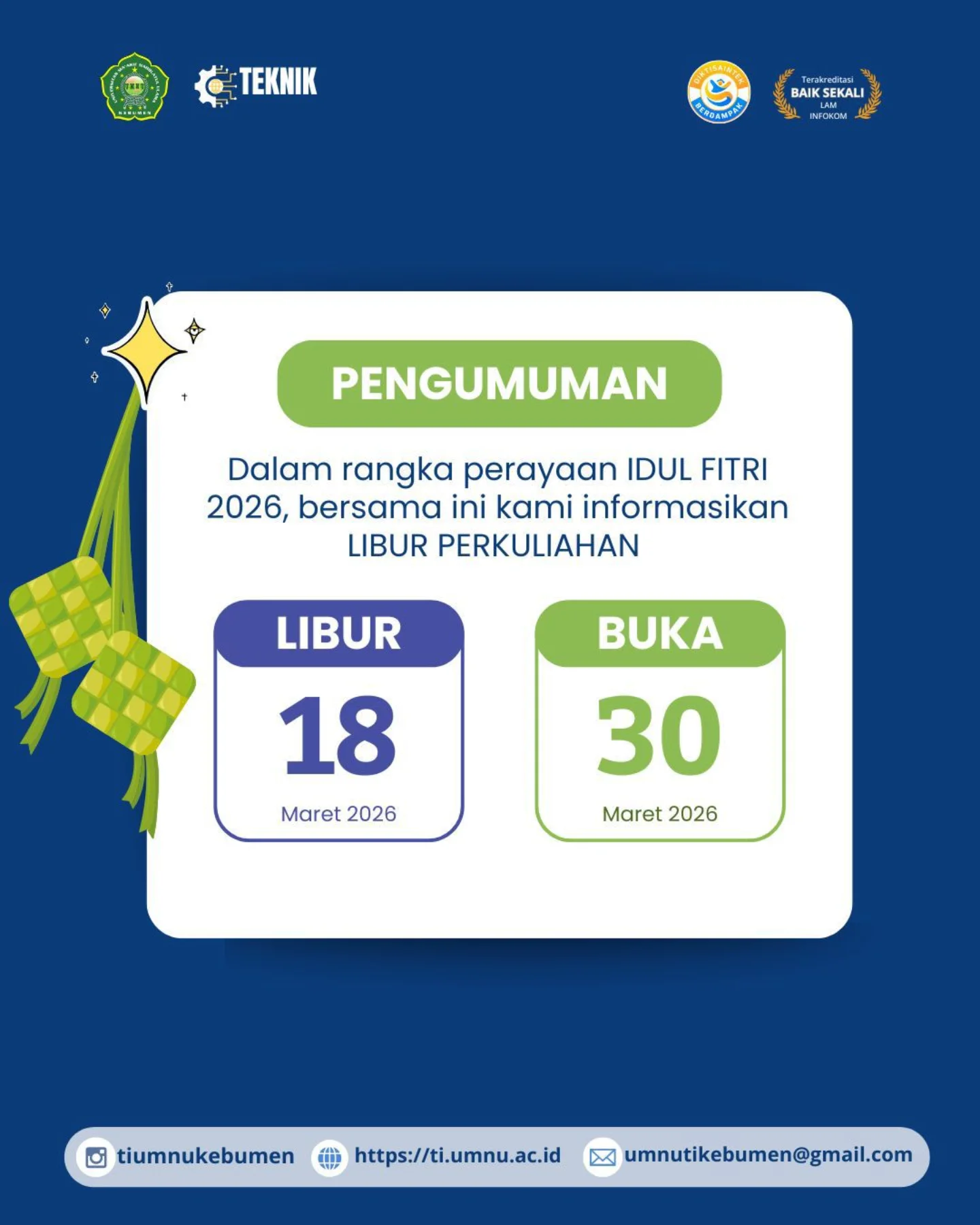 Sambut Idulfitri 1447 H, UMNU Kebumen Tetapkan Jadwal Libur dan Aktivitas Perkuliahan Kembali