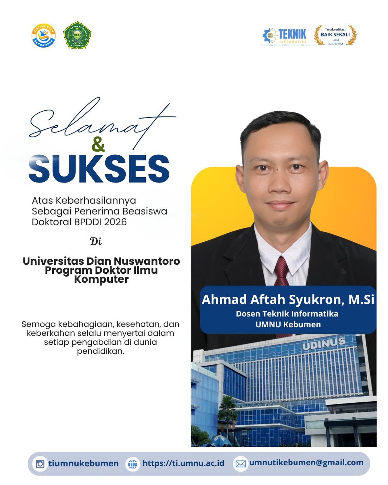 Prestasi Membanggakan! Dosen Teknik Informatika UMNU Kebumen, Ahmad Aftah Syukron, Raih Beasiswa BPDDI 2026
